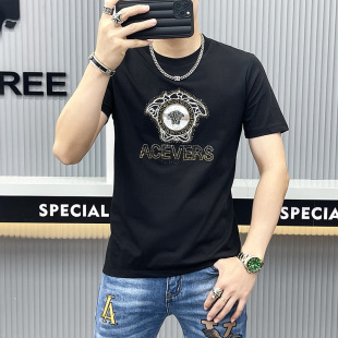 Summer short sleeve T-shirt men's fashionable ruffian handsome round neck rhinestone light luxury high-end T-shirt slim Joker printed youth 2024T