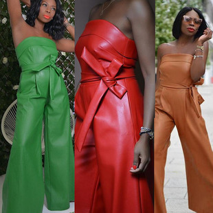 L0142 tube top sexy wide leg artificial leather jumpsuit