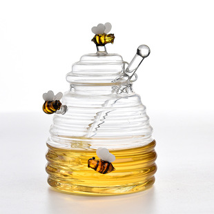 Household Clear Glass Honey Tank with Lid Stirring Rod Honey Storage Tank Creative Glass Bottle