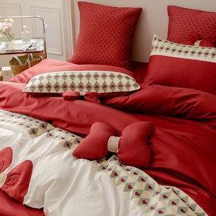 Princess style wedding bedding four-piece set bright red high-end 100 long-staple cotton wedding quilt cover 4 pieces