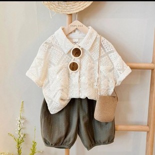 Boys Suit 2024 Summer New Style Korean Style Cut Out Short-sleeved Shirt for Small and Medium-sized Kidsren Baby Fashion Loose Two-piece Set
