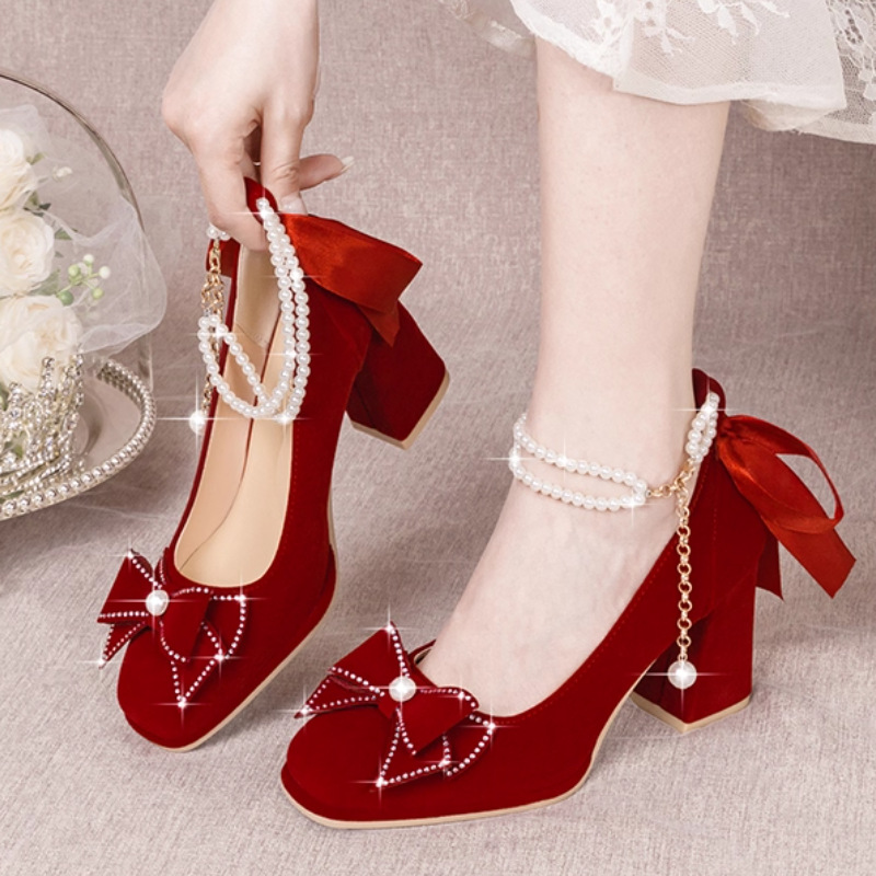 Wedding Shoes for Women 2025 Autum New Thick Heel High Heels Wedding Red Versatile Bridal Shoes Xiuhe Shoes