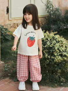 Summer Parent-child Dress Class A Summer Family of Three 2024 New Cartoon Strawberry Cotton Short-sleeved T-shirt Korean Mother and Daughter