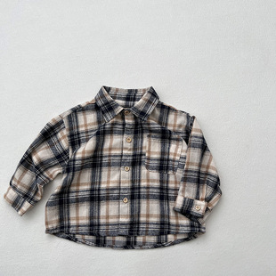 Children's Retro Plaid Shirt Spring and Autumn New Baby's Western Long Sleeve Cardigan Men's and Women's Japanese and Korean Style Scrub Shirt Trendy