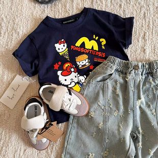 100% хлопок летний новый стиль милый Hello Kitty дикая иностранная футболка с короткими рукавами для девочек топ корейская нижняя рубашка