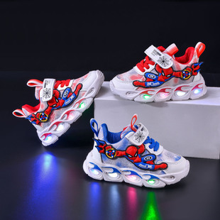 Wholesale lighted boys' shoes 2024 spring and autumn new leather casual sneaker small and medium-sized boys running light shoes