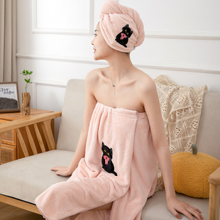 Factory wholesale cartoon cat printed bath towel hair drying cap towel three-piece coral velvet absorbent soft towel set