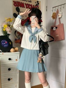 White and Blue three JK uniform skirt basic genuine goods sailor suit bad Japanese college style suit short sleeve A- line skirt