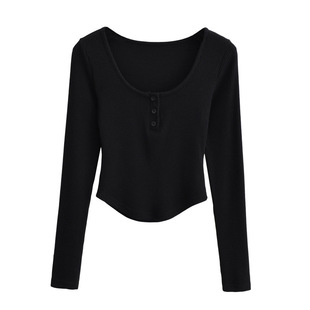 Hot girl pure desire style halter sling hip skirt fleece-lined two-piece round neck button long sleeve T-shirt navel blouse