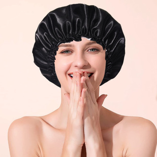 Plus size women's black and white shower cap solid color satin double-layer waterproof bath cap peva hair treatment oil cap care cap shower cap