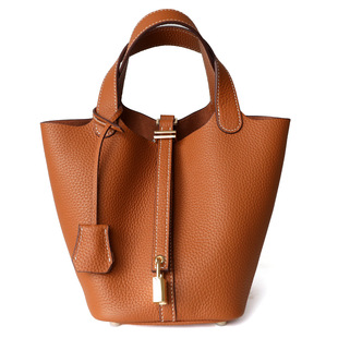 Top Layer Cowhide Vegetable Basket Women's Bag Genuine Leather Bucket Bag Handbag Litchi Pattern Hand Bag for Mother