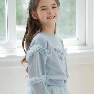 Autumn and Winter Children's Wear Girls' Sweat Lace Middle and Big Children's Long Sleeve Mesh Ear Edge Princess Little Girl Western Style