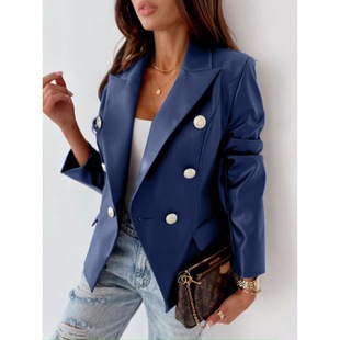 Independent station AliExpress autumn and winter European and American new long-sleeved double-breasted fashion PU leather suit jacket