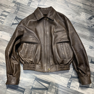 Retro Maillard "coffee block" brown sheepskin jacket loose short motorcycle leather coat