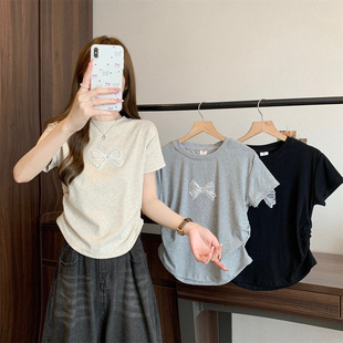 312# Real Cotton Summer New Short-sleeved T-shirt Women's Embroidery Hot Drilling Waist Slim Shoulder Solid Color Top