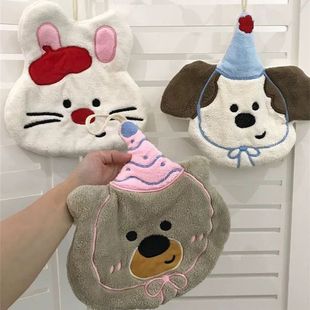 Wholesale absorbent quick-drying thickened children's coral fleece soft cute towel cute bear kitchen hanging towel