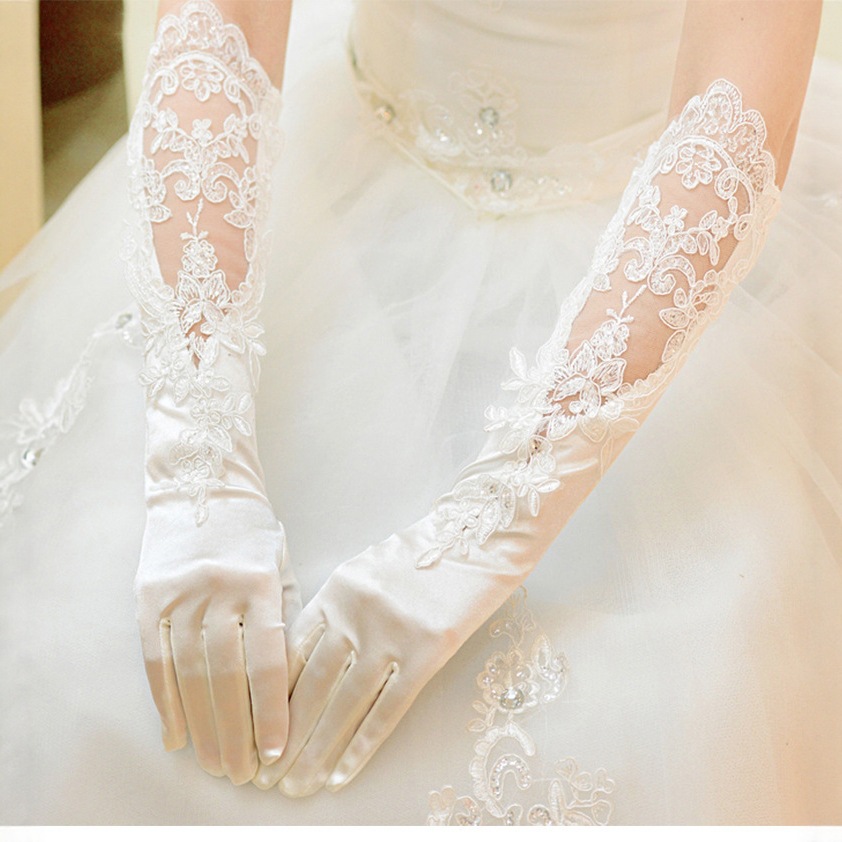 Cross-Border Wholesale Mid-Length Lace Hollow Wedding Gloves Etiquette Bride Banquet Opera Party Camellia Satin
