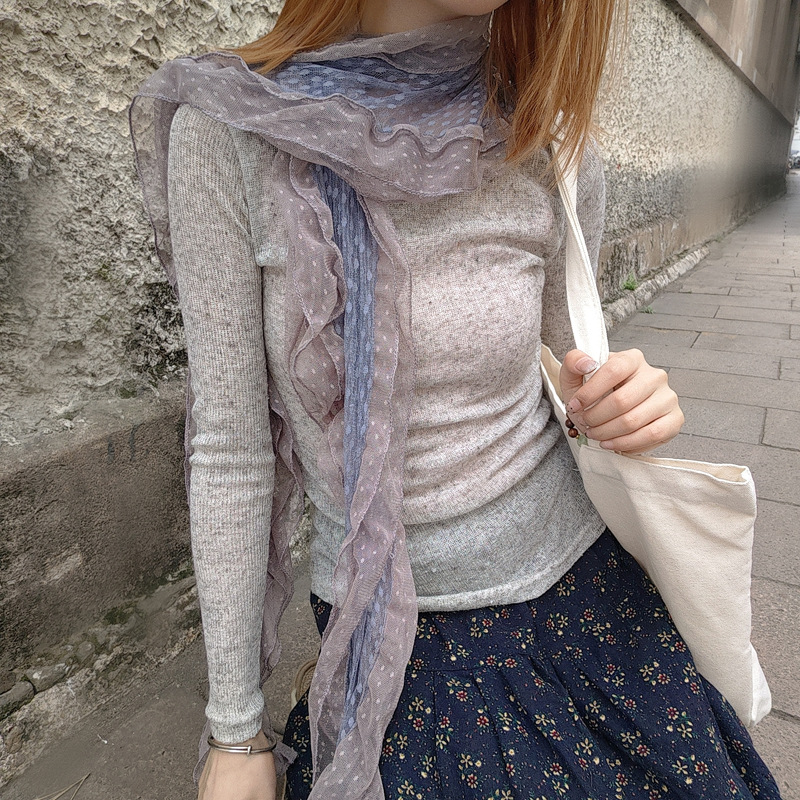 Fujii Shu's Same Style Vintage Gray-Blue Polka Dot Lace Ruffle Scarf with a Korean Vibe, Versatile Scarf for Women