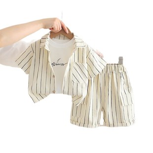 Summer New Style Vertical Striped Shirt 2025 Children's Clothing Little Boy Letter Short-Sleeved Style Clothes Three-Piece Set Dropshipping