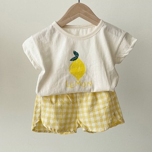 2025 Korean Version Ins Baby Summer New Fruit Short-Sleeved Cotton Suit Refreshing Short-Sleeved Plaid Shorts Two-Piece Set