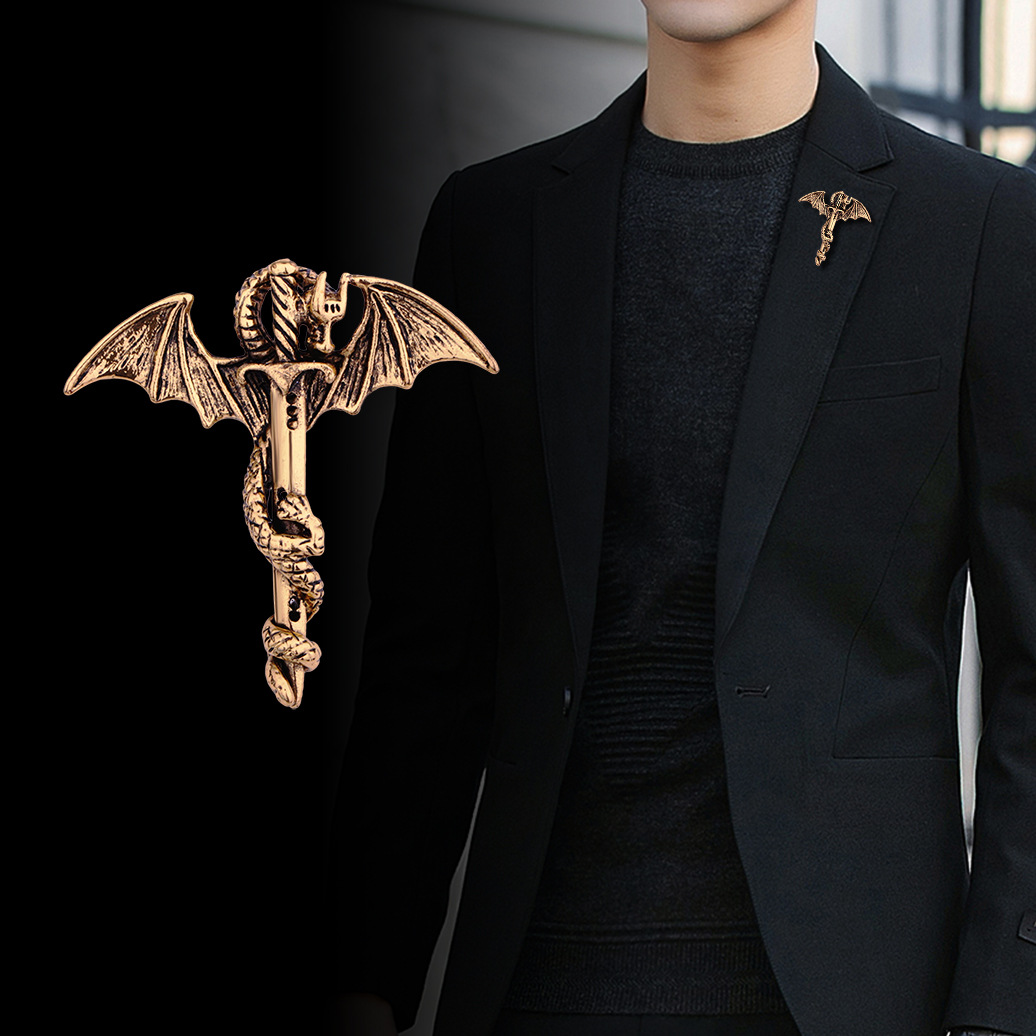 European and American retro Feibao sword flying dragon brooch men's personality wings pin fairy tale magic corsage coat fashion accessories