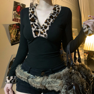American leopard lace stitching V-neck long sleeve T-shirt women's 2024 autumn and winter cross-border foreign trade bottoming shirt new top tide