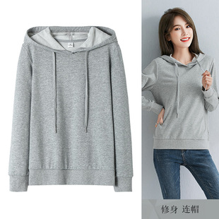 Green Hooded Sweater Women's Loose Slimming Age-reducing Solid Color Spring and Autumn regular Basic Pullover Cotton Base Shirt