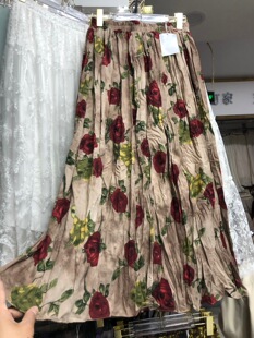 Early Autumn New High Waist Slimming Elegant All-match Half-length Skirt Retro Printed Pleated A- line Large Swing Skirt for Women