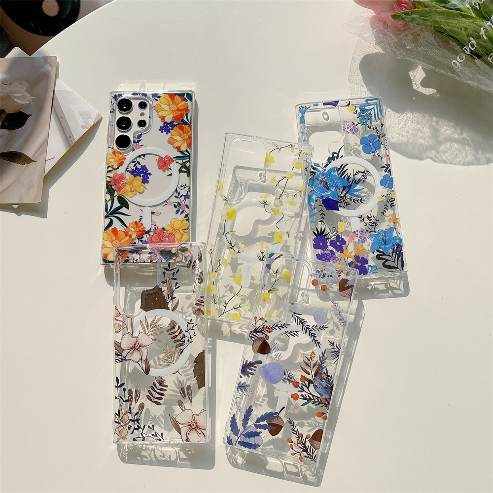 Suitable for Samsung S26 Mobile Phone Case, Double-Layer Printed S25Fe Floral Transparent Magnetic Case, S24 Protective Case, Imd Technology