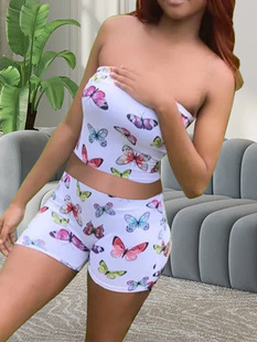 2024 Amazon AliExpress cross-border Europe and the United States new small butterfly printed tube top shorts two-piece set