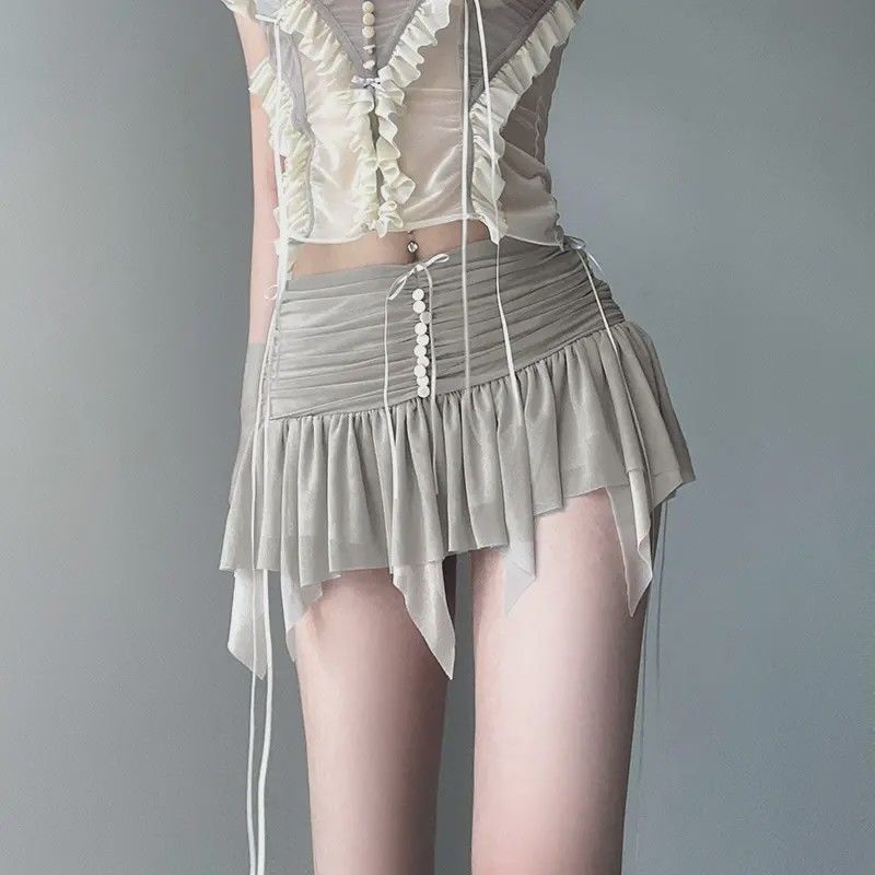 Internet Celebrated Fashion Show Platform Mesh Irregular Pleated Skirt Women's Pleated Low Waist Sexy Hot Girl Trendy Short Skirt