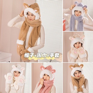 Winter Fluffy Hat Thickened Three-in-One Warm Ear Protection Neck Plush Gloves One-piece Cold-proof Riding Hat