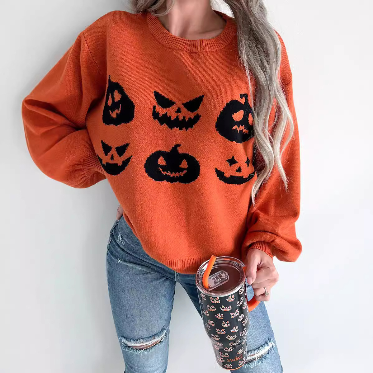 2024 Amazon Orange Halloween Pumpkin Face Pattern Shoulder Sweater European and American Independent Station