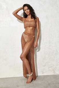 Cross-border Women's Hollow-out Short Navel Knit Vest Split Sexy Perspective Beach Long Dress Knitted suit