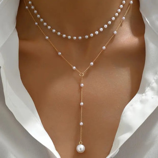 European and American Cross-border Holiday Fashion Simple New Pearl Tassel Necklace Accessories Women's Y-chain Stacked Clavicle Chain