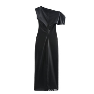 Foreign trade wholesale European and American style fashion women's new French niche off-shoulder imitation leather draped dress 9233910