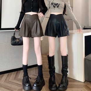 Matte Leather Shorts Women's 2024 Autumn and Winter New Wrinkle-resistant High Waist Wide Leg Leather Pants Women's All-match Three-part Pants