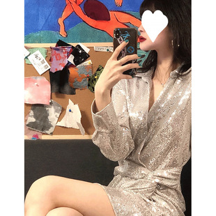 High-grade Polo Collar Heavy-Duty Sequin Shirt dress Women's Niche Irregular Waisted Skirt