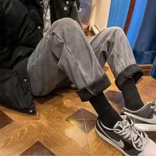 Плюшевая утолщение высокие уличные широкие джинсы мужские зимние теплые американские ретро свободные повседневные брюки