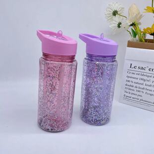 New Small Capacity 350ml Double-layer Glitter Sequin Plastic Cup Portable Kidsren's Straw Cup Advertising Gift Cup