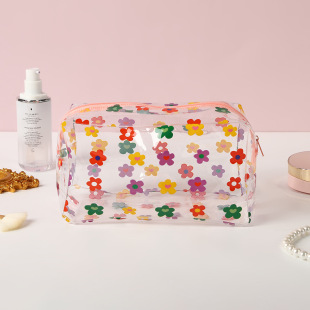 Korean Style Ins Style Color Flower Transparent Cosmetic Bag PVC Waterproof Toiletry Bag Large Capacity Portable Cosmetic Bag