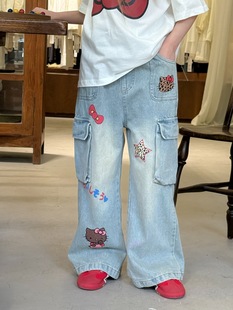 Children's Wear Women's Summer Soft Jeans 2025 Korean Style Girl's Printed Cute Workwear Trendy Trumpet Trousers