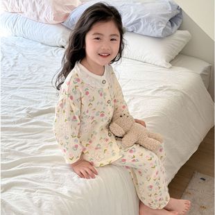 Girls' Pajamas Spring and Summer Children's Long Sleeve suit Baby Cotton Yarn Home Clothes Little Girl's Summer Princess Air Conditioning Clothes