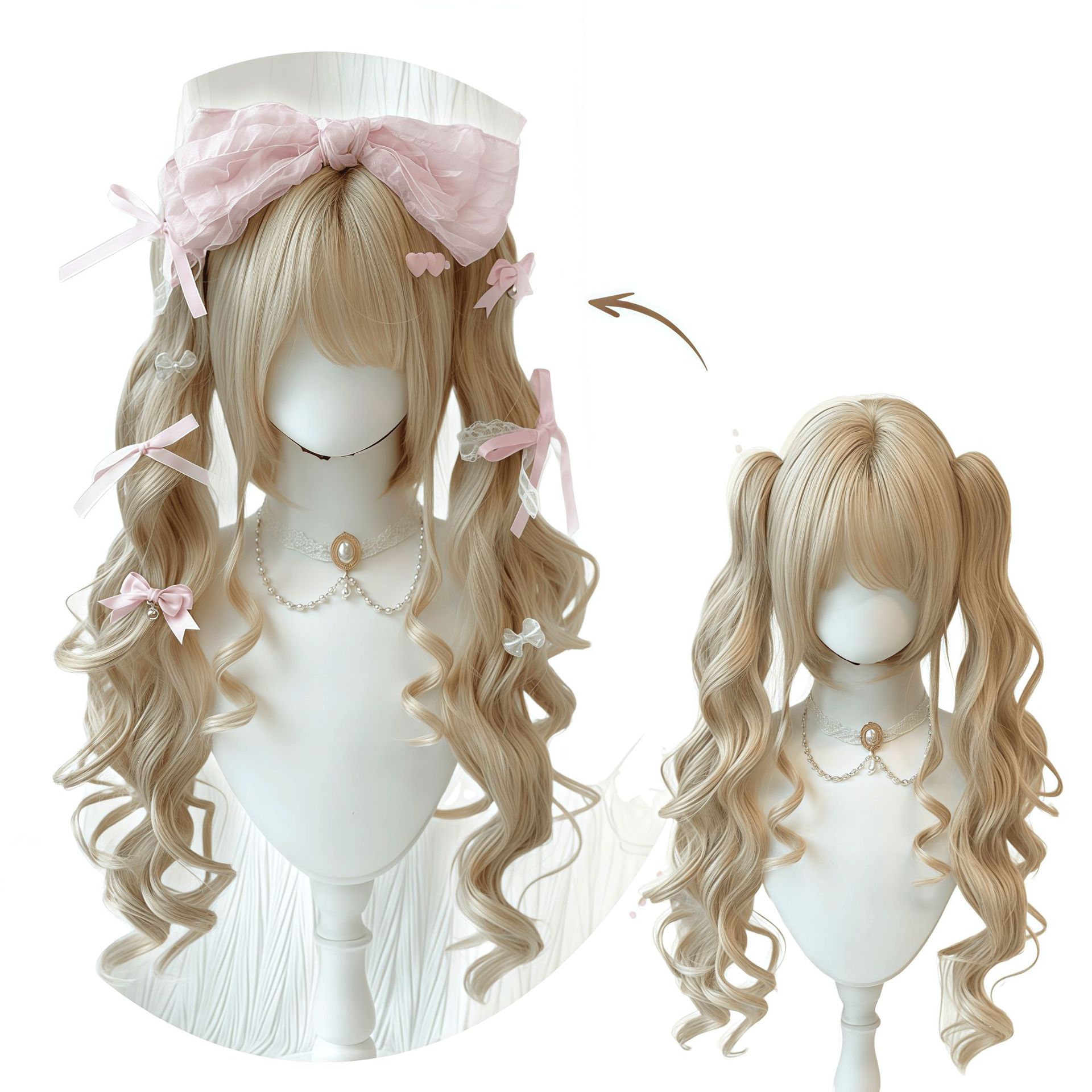 Baroque Dream Lolita Wig for Women with Tiger Claw Clip, Milky Platinum Roman Curly Long Hair, Double Ponytail Full Wig
