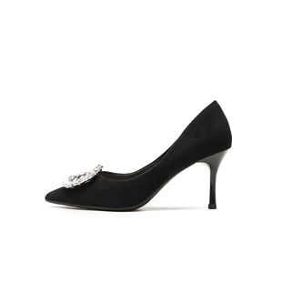 7888C-112 Square Buckle Rhinestone Suede Fine Heel Pointed Commuter Professional Shoes All-match Temperament Comfortable French Style