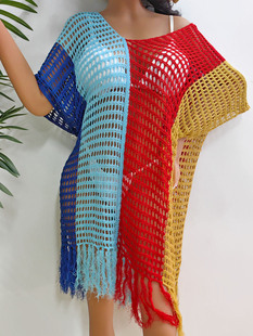 Women's beach vacation bikini blouse cross-border European and American women's contrast color hollow-out woven shirt sexy dress