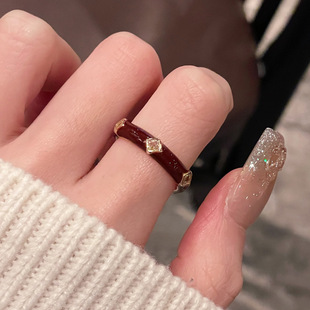 New Year's Ankora Red Oil Dropping Zircon Geometric Rose Opening Ring Retro Light Luxury High-end Accessories for Women