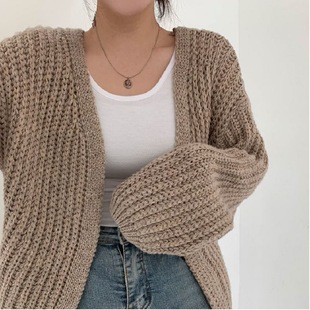 Thick Thick Needle Sweater Women's Autumn and Winter Coat Women's Lantern Sleeve Knitted Cardigan Solid Color All-match Lazy Style Foreign Trade Style