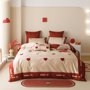 Fresh wedding four-piece cotton 100 long-staple cotton love patch embroidered red wedding quilt cover bed sheet