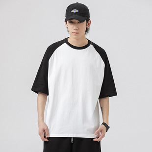 Cotton Short-sleeved Men's 2023 Summer New Couple T-shirt Color Contrast Raglan Sleeve Round Neck Pullover Top for Men and Women